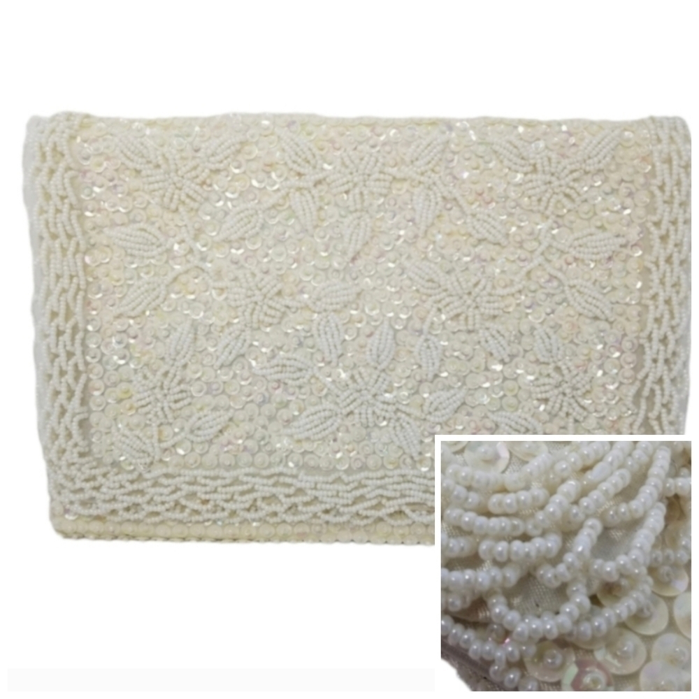 Clutch Bag Floral Sequins Seed Bead Wedding Bridal Formal Heavily Beaded White